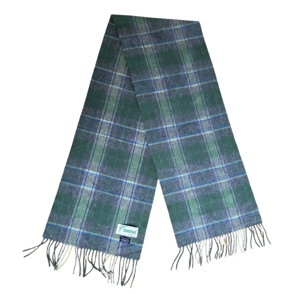 Suantrai of Ireland Scarf 100% Soft Wool Long Green Gray Tartan Plaid Unisex